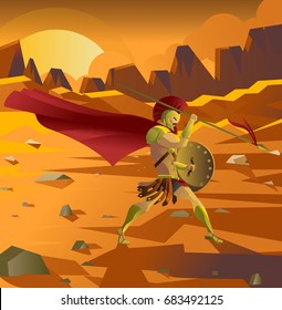 greece spartan warrior on desert canyon