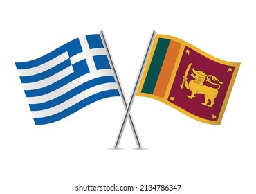 Greece and Sri Lanka crossed flags. Greek and Sri Lankan flags, isolated on white background. Lion flag. Sinha Flag. Vector icon set. Vector illustration.