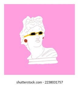 Greece statue with modern element on pink background.T-shirt print design template.Greece culture antique illustration collection. Historical cartoon drawing bundle. Antique art element with glasses