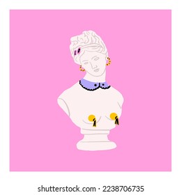 Greece statue with modern element on pink background.T-shirt print design template.Greece culture antique illustration collection. Historical cartoon drawing bundle. Antique art element with glasses