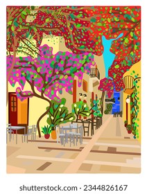 Greece. Street in a small southern town near the sea. Flowering trees. Greek landscape. Vector illustration.