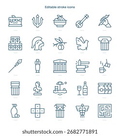 Icono de trazo de Grecia. Conjunto de iconos de línea de Grecia. paquete de iconos de trazo editable