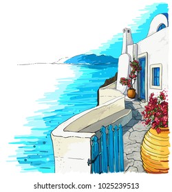 Greece summer island landscape. Santorini hand drawn square vector background. Picturesque sketch. Ideal for card, invitation, banners, posters.