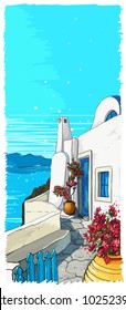 Greece summer island landscape. Santorini hand drawn vertical vector background. Picturesque sketch. Ideal for card, invitation, banners, posters.