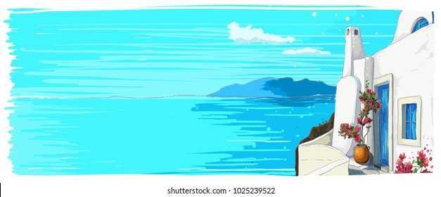 Greece summer island landscape. Santorini hand drawn horizontal vector background. Picturesque sketch. Ideal for card, invitation, banners, posters.