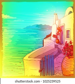 Greece summer island landscape. Santorini hand drawn photo filter vector background. Picturesque sketch. Ideal for card, invitation, banners, posters.