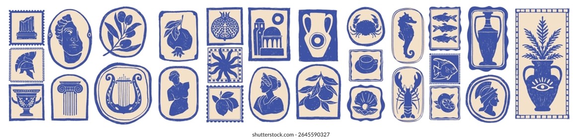 Conjunto de adesivos de verão da Grécia, impressão de escultura grega mediterrânea, logotipo da silhueta do turismo de Santorini. Desenhado à mão rabiscar viagem vintage selo, ramo de oliveira mitologia símbolo. Ícone de adesivo grego tradicional