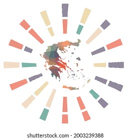 Greece sunburst. Low poly striped rays and map of the country. Artistic vector illustration.