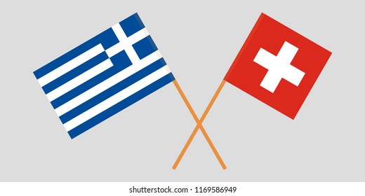 Greece and Switzerland. Crossed Greek and Swiss flags. Official colors. Correct proportion. Vector illustration