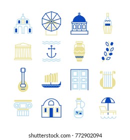 Greece symbols in beautiful colors. For magazines, web, tourism. Travel to Greece elements.