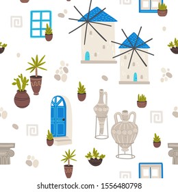 Greece symbols cartoon vector seamless pattern. 