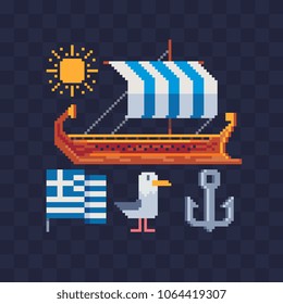 Greece symbols culture pixel art icons set Part 1, ancient antique sailboat, national greek flag, nautical anchor and gull isolated illustration. Design logo, app, sticker. 8-bit sprite.