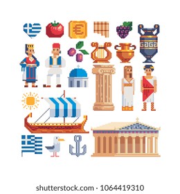 Greece symbols culture pixel art icon set, ancient temple with columns and church, amphora, antique harp and flute, old ship, man and woman in traditional greek clothes isolated illustration.