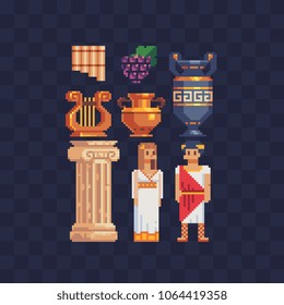 Greece symbols culture pixel art icons flute and harp ancient musical instrument, antique vase and column, man and woman in traditional greek clothes. isolated illustration. Design logo, app, sticker.