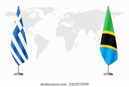 Greece and Tanzania flags for official meeting against background of world map.