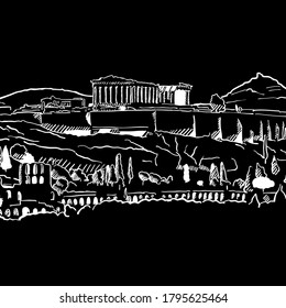 Greece temple drawing . Black and white hand drawn illustration. Icon sign for print and labelling.