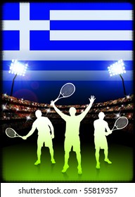 Greece Tennis Player on Stadium Background with Flag Original Illustration