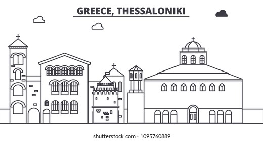 Greece, Thessaloniki line skyline vector illustration. Greece, Thessaloniki linear cityscape with famous landmarks, city sights, vector landscape. 