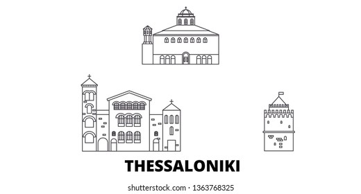 Greece, Thessaloniki line travel skyline set. Greece, Thessaloniki outline city vector illustration, symbol, travel sights, landmarks.