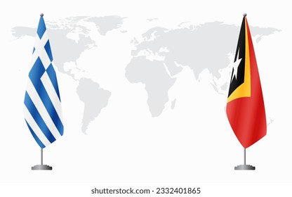 Greece and Timor-Leste flags for official meeting against background of world map.
