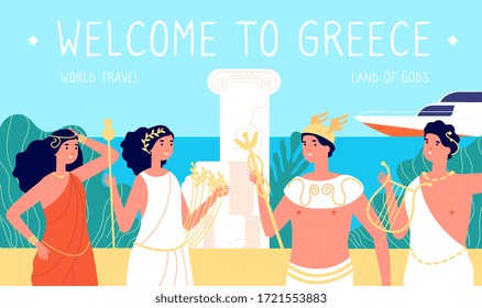 Greece travel. Antique places, ancient greek architecture. Famous tourism, sea and beach. Pantheon gods, mythology and reality vector banner