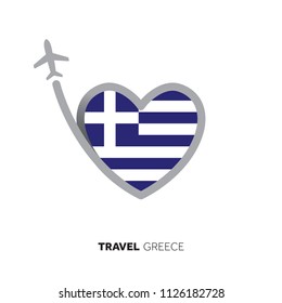 Greece travel concept. Heart shape flag with airplane