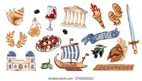 Greece travel doodle icon set with ancient architecture, Greek food, olive branches, wine, weapons, mythology symbols, ships and landmarks. Cartoon style, cohesive Mediterranean theme, vector