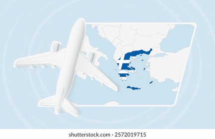 Greece Travel Illustration with Plane and National Flag. Ideal for travel agencies, promotional materials, or geographic content related to Greece.