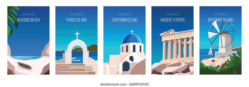 Greece Travel Posters - Iconic Landmarks vector illustration