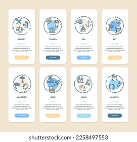 Greece Travel and Tourism App Screens Cards Set Include of Ancient, Olympic Game and Local Food. Vector illustration of Card