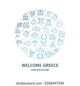 Greece Travel and Tourism Round Design Template Blue Thin Line Icon Concept for Promotion, Marketing and Advertising. Vector illustration