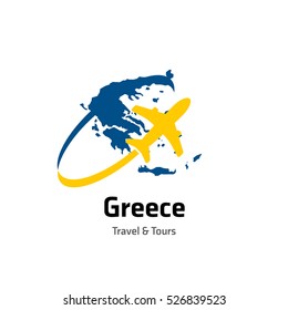 Greece Travel and Tours logo. Vector travel company logo design - Country map Leisure travel logo template. Tourism emblem, leisure center - vector illustration