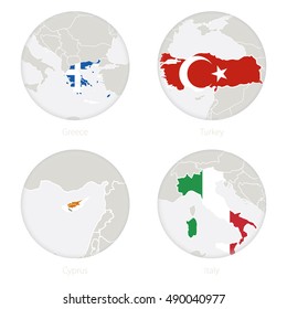 Greece, Turkey, Cyprus, Italy map contour and national flag in a circle. Vector Illustration.