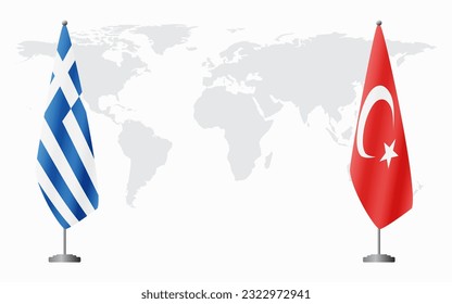 Greece and Turkey flags for official meeting against background of world map.