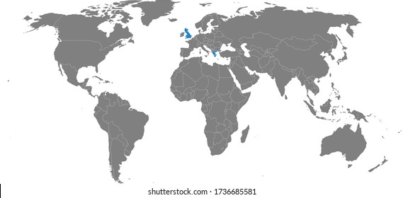 Greece, United kingdom countries isolated on world map. Light gray background. Business concepts, diplomatic, trade and transport relations.