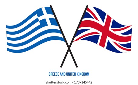 Greece and United Kingdom Flags Crossed And Waving Flat Style. Official Proportion. Correct Colors.