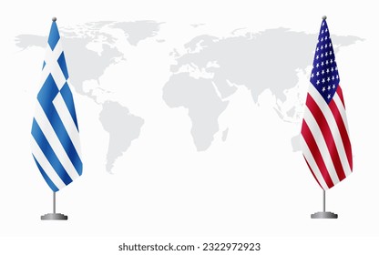 Greece and USA flags for official meeting against background of world map.