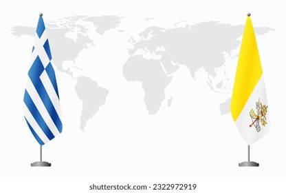 Greece and Vatican flags for official meeting against background of world map.