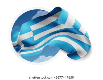 Greece, vector 3d flag against a blue sky, through a round hole on a white background