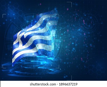 Greece, vector 3d flag on blue background with hud interfaces