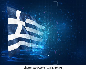 Greece, vector 3d flag on blue background with hud interfaces