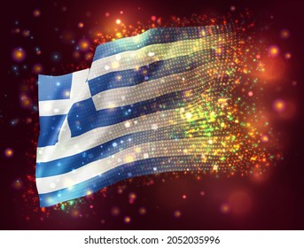 Grecia, bandera vectorial 3d sobre fondo púrpura rosa con iluminación y bengalas