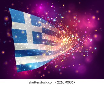 Greece, vector 3d flag on pink purple background with lighting and flares