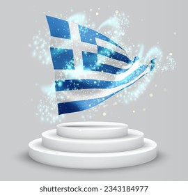 Greece, vector 3d flag on the podium surrounded by a whirlwind of magical radiance