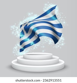 Greece, vector 3d flag on the podium surrounded by a whirlwind of magical radiance