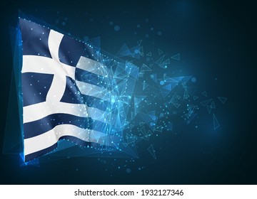Grecia, bandera vectorial, objeto 3D virtual abstracto de polígonos triangulares sobre fondo azul