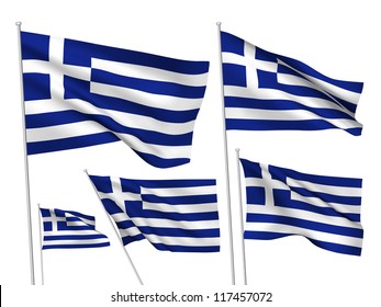 Greece vector flags set. 5 wavy 3D cloth pennants fluttering on the wind. EPS 8 created using gradient meshes isolated on white background. Five fabric flagstaff design elements from world collection