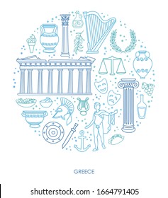 Greece. Vector illustration of famous Greek symbols and landmarks in circle frame. Hand drawn doodle elements isolated on white. Set of icons in round composition for tourism promotion.