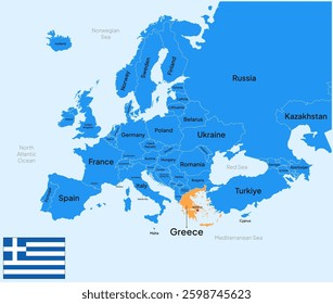 Greece vector map, Europe. Editable Vector map silhouette illustration isolated on Europe, highlighted at Greece, with country name, border, and capital. Greece Flag.