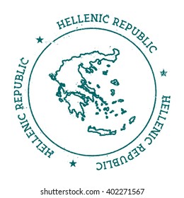 Greece vector map. Retro vintage insignia with Greece map. Distressed visa stamp with Greece text wrapped around a circle and stars. Country map vector illustration.